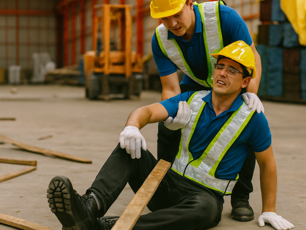 Kolega pomaze kolegi nakon povrede na radu