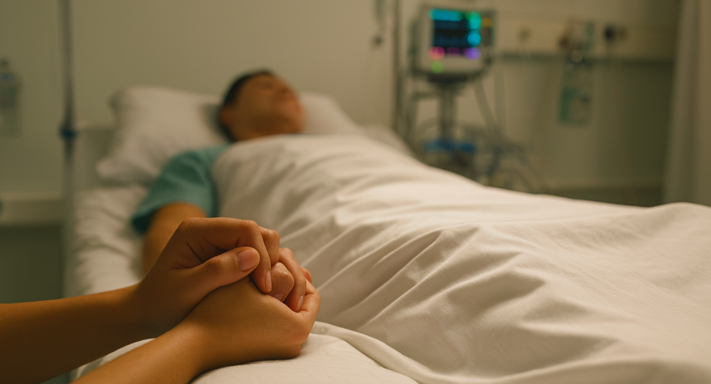 Osoba u bolničkom krevetu dok joj najbliži drži ruku u znak podrške i oproštaja