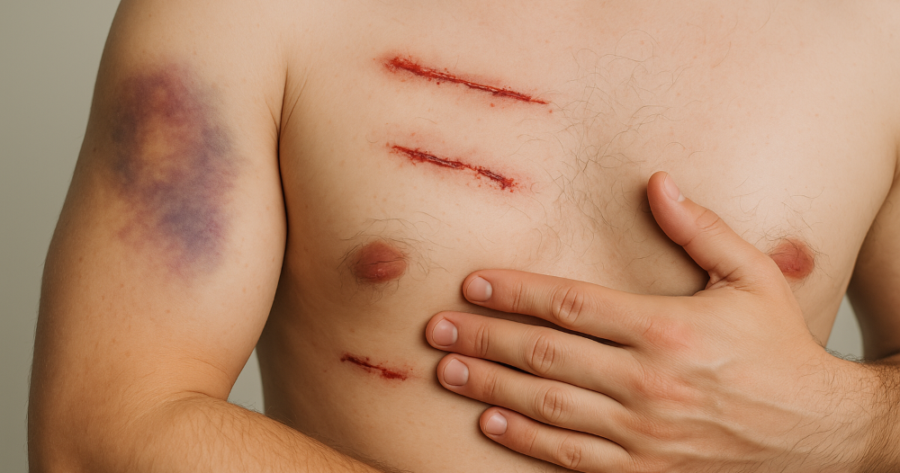 Muškarac sa vidljivim modricama i posekotinama na telu nakon nesreće